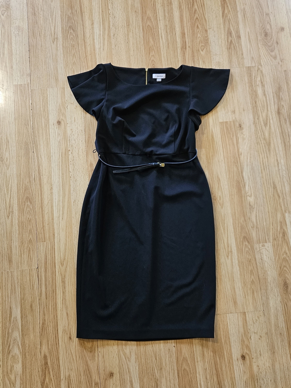Calvin Klein Black Midi Dress with Waist Belt & Flowy Sleeves Size 12
